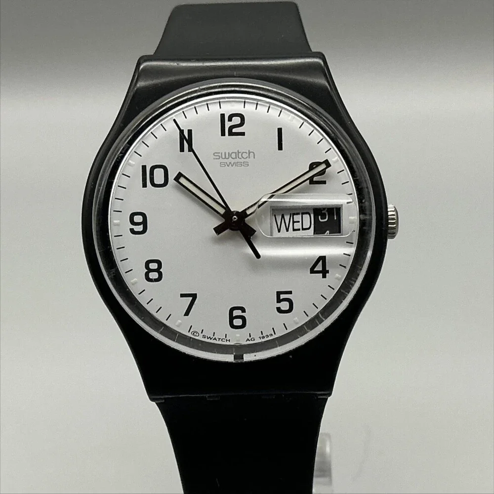 Vintage Swatch Mens Watch 34mm Once Again GB743 Black Day Date Swiss 1999